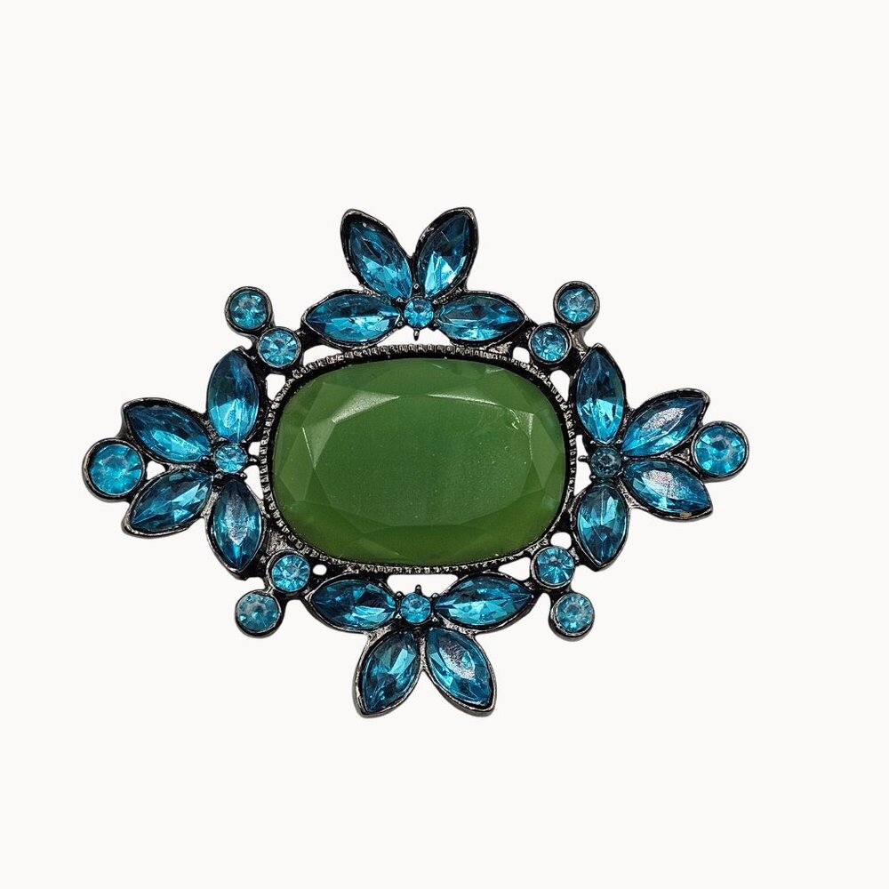 Vtg 1970s Blue Green Floral‎ Rhinestone Statement Brooch Retro Art Deco Revival